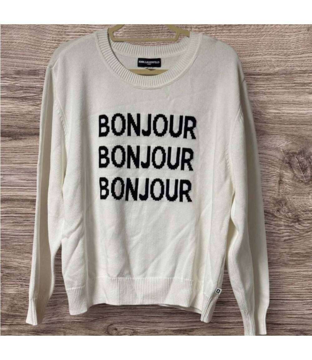 Karl Lagerfeld Paris Women's Bonjour Graphic Knit Crewneck Sweater - Size Small - Picture 2 of 4